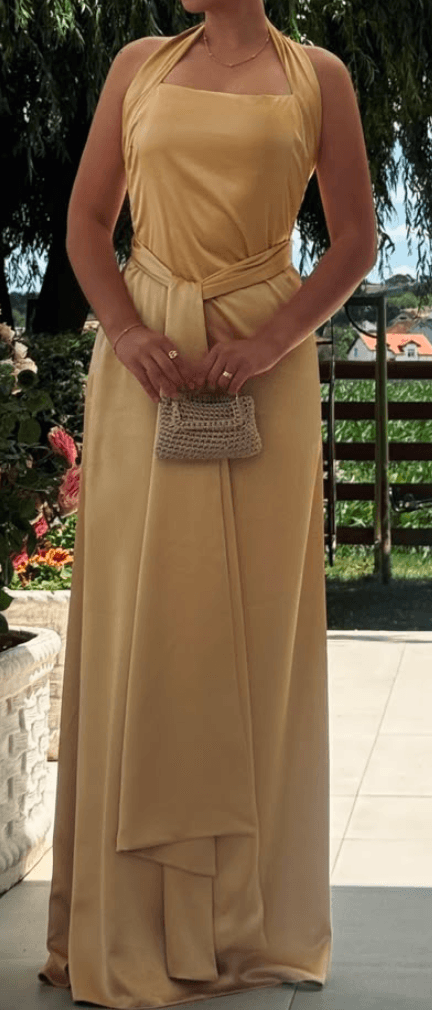 Champagne halter dress — front view