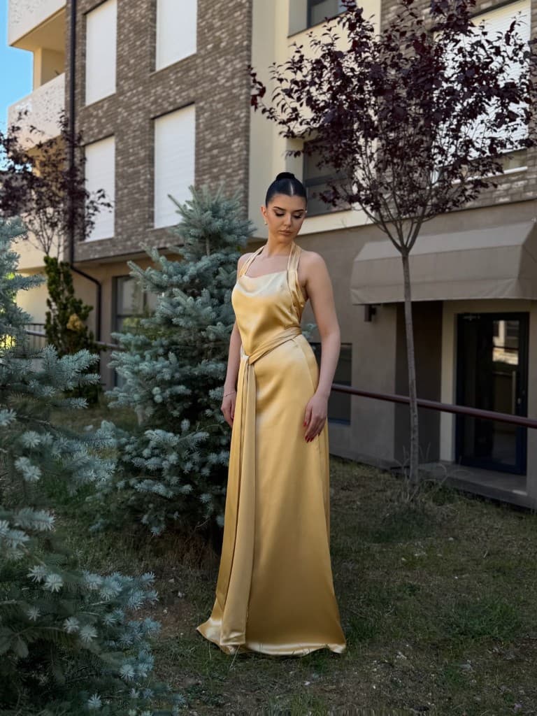 Gold sash satin dress — front view with waist tie