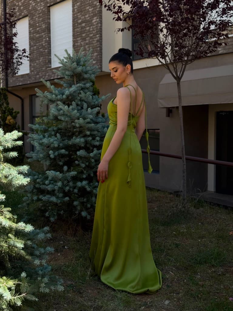 Olive leaf satin dress — open back with leaf-accented ties
