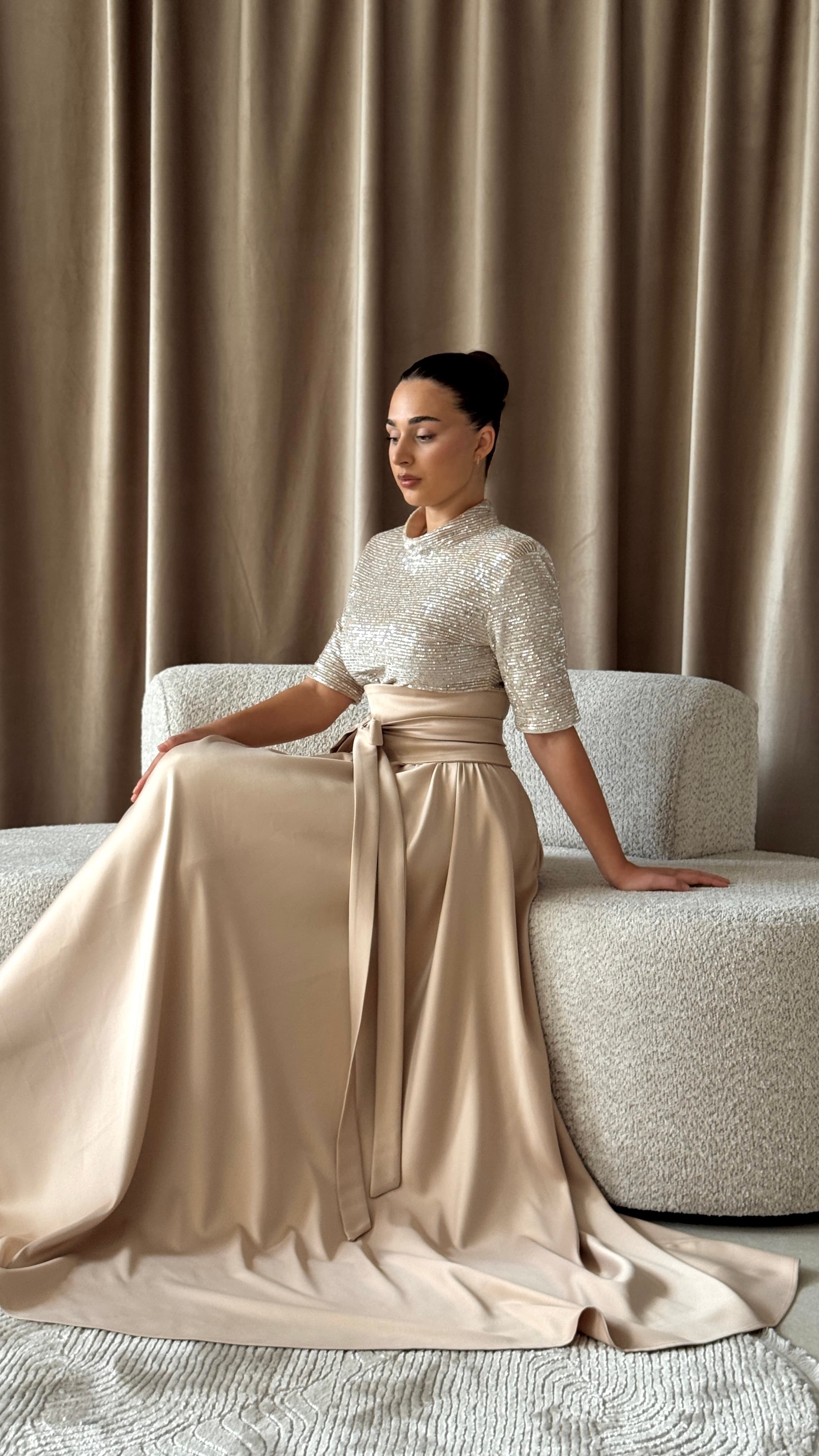 Olive leaf satin dress — open back with leaf-accented ties